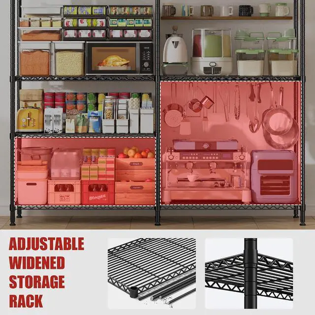 Alt view image 6 of 7 - 61.7''W Storage Shelves Load 1220LBS Wire Shelving Unit 4 Tier Metal Shelving for Storage Rack Shelves Heavy Duty Garage Shelf Pantry Shelves Kitchen Shelving, 61.7" W*62.9" H*15.8" D, Black