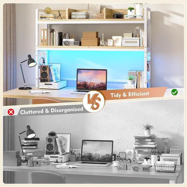 Alt view image 3 of 7 - 45.2" Desk Shelf with LED Lights and Hooks,2-Tier Adjustable Multipurpose Solid Wood Desk Hutch Dorm,Desktop Organizer Rack with 3 Display Rack for Dorm,Office Home,White