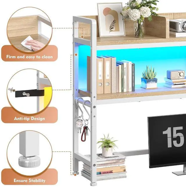 Alt view image 4 of 7 - 45.2" Desk Shelf with LED Lights and Hooks,2-Tier Adjustable Multipurpose Solid Wood Desk Hutch Dorm,Desktop Organizer Rack with 3 Display Rack for Dorm,Office Home,White