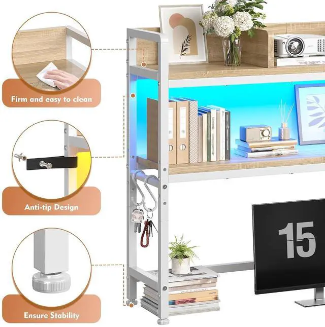 Alt view image 3 of 7 - 2-Tier Desk Shelf with LED for Bedroom and Home Office, White | Students & Renters, Wood & Steel, Holds 44 lbs & 33 lbs per Tier, Adjustable Shelf, Anti-tip & 4 Hooks