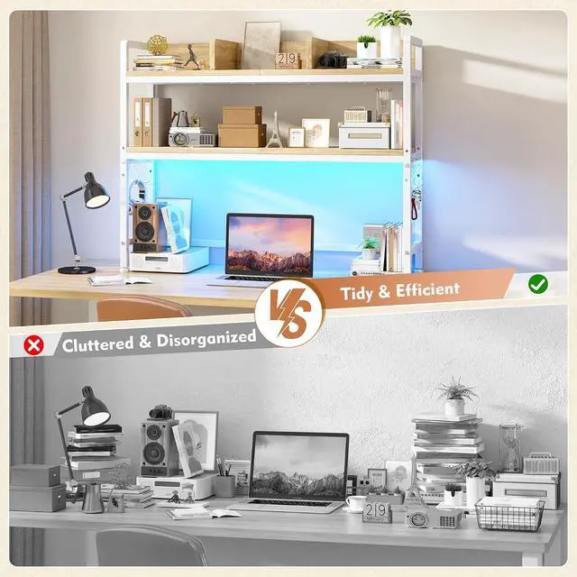 Alt view image 4 of 7 - 2-Tier Desk Shelf with LED for Bedroom and Home Office, White | Students & Renters, Wood & Steel, Holds 44 lbs & 33 lbs per Tier, Adjustable Shelf, Anti-tip & 4 Hooks