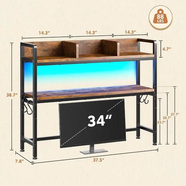 Alt view image 2 of 7 - 2-Tier Desk Shelf with LED for Bedroom and Home Office, Rustic Brown | Students & Renters, Wood & Steel, Holds 44 lbs & 33 lbs per Tier, Adjustable Shelf, Anti-tip & 4 Hooks