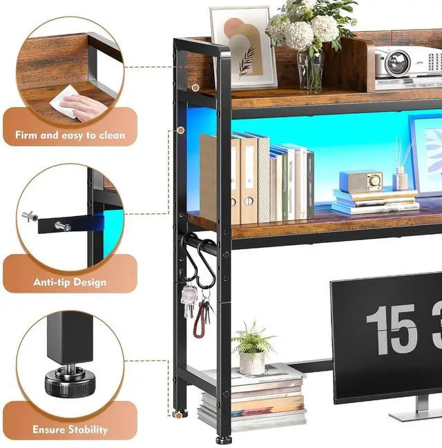 Alt view image 4 of 7 - 2-Tier Desk Shelf with LED for Bedroom and Home Office, Rustic Brown | Students & Renters, Wood & Steel, Holds 44 lbs & 33 lbs per Tier, Adjustable Shelf, Anti-tip & 4 Hooks