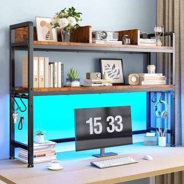 Main image of 45.2" Desk Shelf with LED Lights and Hooks,2-Tier Adjustable Multipurpose Solid Wood Desk Hutch Dorm,Desktop Organizer Rack with 3 Display Rack for Dorm,Office Home,Rustic Brown