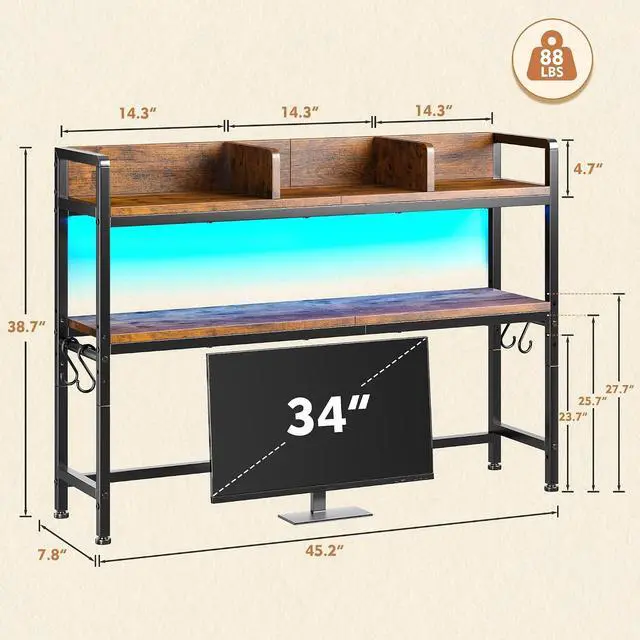 Alt view image 2 of 7 - 45.2" Desk Shelf with LED Lights and Hooks,2-Tier Adjustable Multipurpose Solid Wood Desk Hutch Dorm,Desktop Organizer Rack with 3 Display Rack for Dorm,Office Home,Rustic Brown
