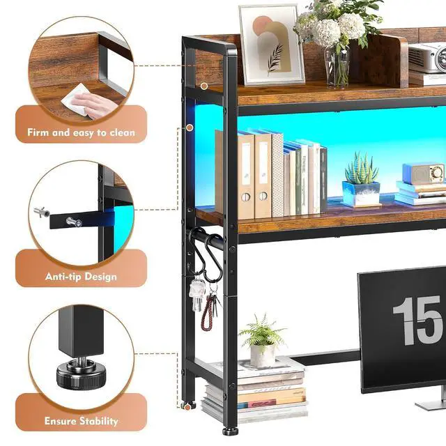 Alt view image 4 of 7 - 45.2" Desk Shelf with LED Lights and Hooks,2-Tier Adjustable Multipurpose Solid Wood Desk Hutch Dorm,Desktop Organizer Rack with 3 Display Rack for Dorm,Office Home,Rustic Brown