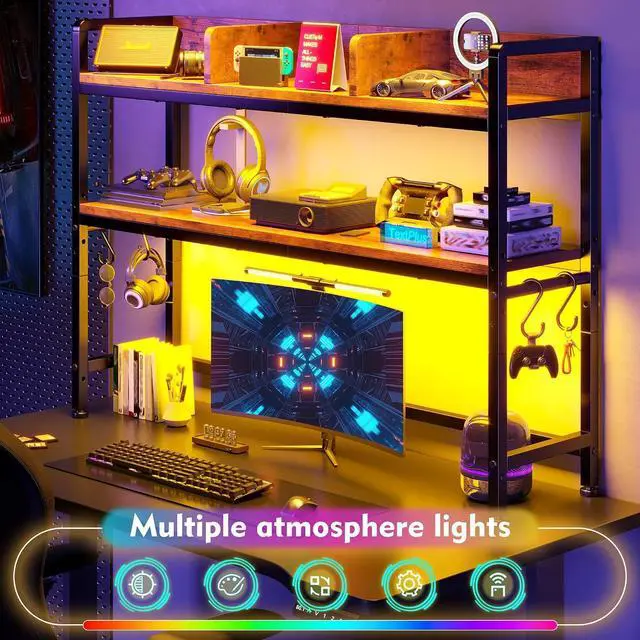 Alt view image 3 of 7 - 45.2" Desk Shelf with LED Lights and Hooks,2-Tier Adjustable Multipurpose Solid Wood Desk Hutch Dorm,Desktop Organizer Rack with 3 Display Rack for Dorm,Office Home,Rustic Brown
