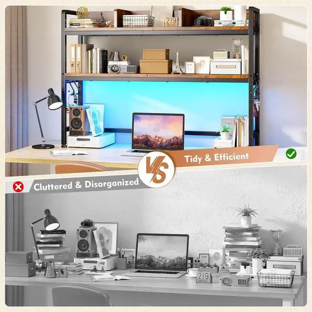 Alt view image 6 of 7 - 45.2" Desk Shelf with LED Lights and Hooks,2-Tier Adjustable Multipurpose Solid Wood Desk Hutch Dorm,Desktop Organizer Rack with 3 Display Rack for Dorm,Office Home,Rustic Brown