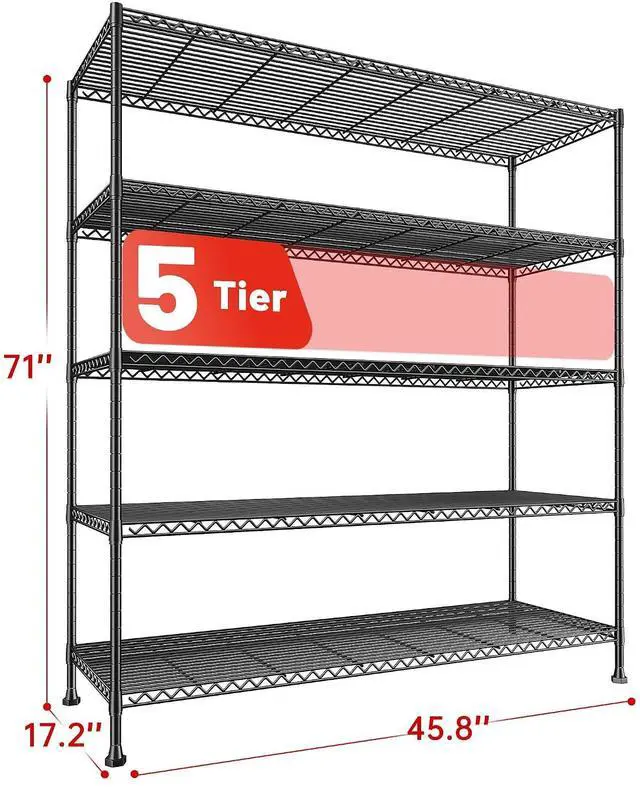 Alt view image 3 of 7 - 45.8" W Storage Shelves, Heavy Duty 5-Tier Wire Shelving, Adjustable Metal Shelf for Pantry Kitchen Commercial, Tool-Free Assembly, 17.2" D x 45.8" W x 71" H, Black