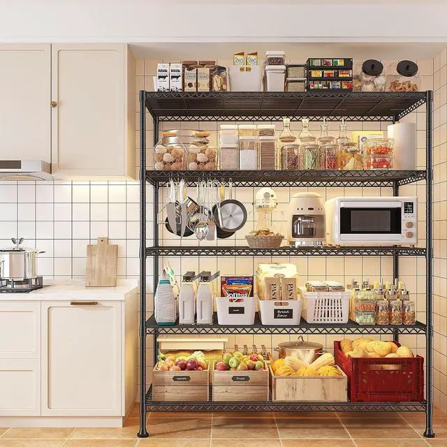 Alt view image 2 of 7 - 45.8" W Storage Shelves, Heavy Duty 5-Tier Wire Shelving, Adjustable Metal Shelf for Pantry Kitchen Commercial, Tool-Free Assembly, 17.2" D x 45.8" W x 71" H, Black