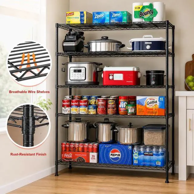 Alt view image 5 of 7 - 45.8" W Storage Shelves, Heavy Duty 5-Tier Wire Shelving, Adjustable Metal Shelf for Pantry Kitchen Commercial, Tool-Free Assembly, 17.2" D x 45.8" W x 71" H, Black