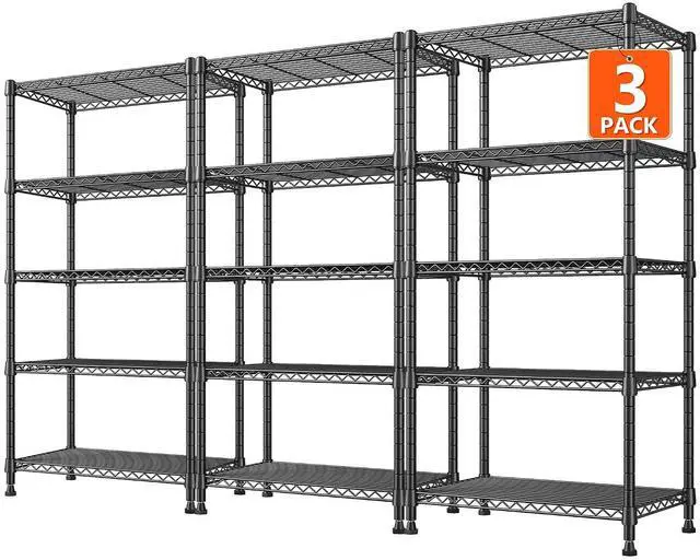 Main image of 1000LBS Wire Shelving Unit, 5 Tier Adjustable Metal Storage Shelves for Kitchen Pantry Office Steel Organizer Wire Rack for Narrow Space, 13.4" D x 23.2" W x 60" H, Black,3PCS