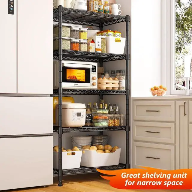 Alt view image 2 of 7 - 1000LBS Wire Shelving Unit, 5 Tier Adjustable Metal Storage Shelves for Kitchen Pantry Office Steel Organizer Wire Rack for Narrow Space, 13.4" D x 23.2" W x 60" H, Black,4PCS
