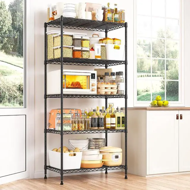 Alt view image 2 of 7 - 5 Tier Wire Shelving, 23.2" W Metal Shelving, Small Space Corner Storage, Adjustable Shelves, Leveling Feet, Metal, for Kitchen, Bedroom, Pantry, Closet,Laundry Room