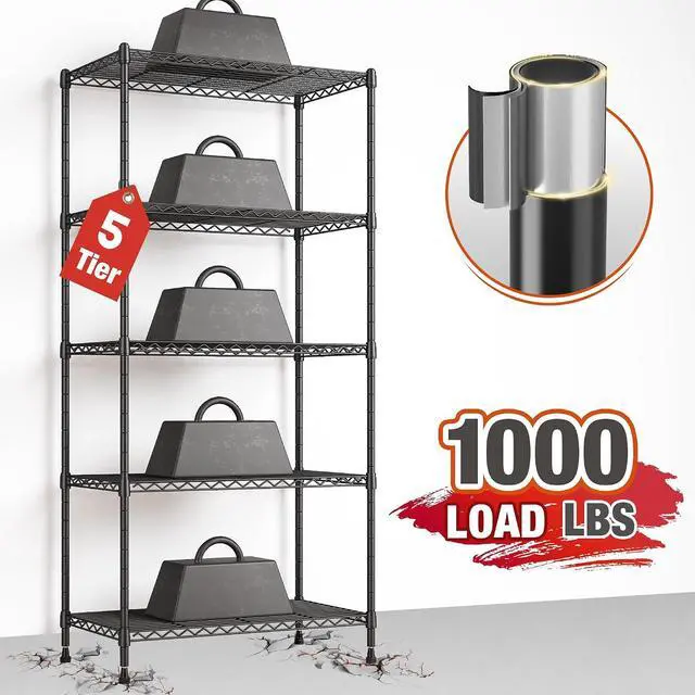Alt view image 4 of 7 - 5 Tier Wire Shelving, 23.2" W Metal Shelving, Small Space Corner Storage, Adjustable Shelves, Leveling Feet, Metal, for Kitchen, Bedroom, Pantry, Closet,Laundry Room