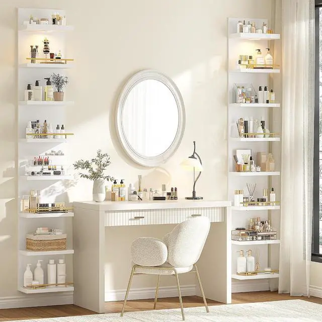 Alt view image 2 of 7 - 8 Tier Wall Shelf Unit, 2-Pack White Floating Shelves with LED Light, Multi-Functional Versatile Shelves for Dressing Room Bedroom Living Room Office