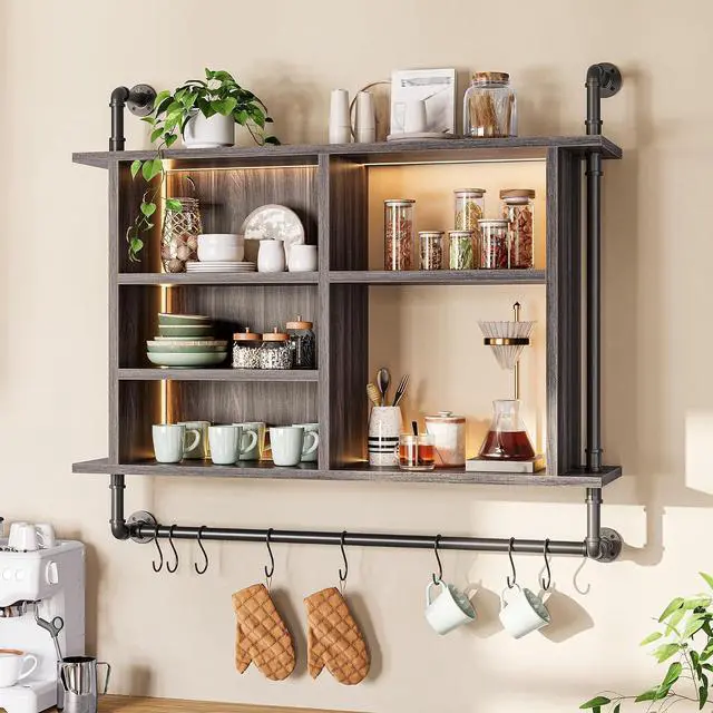 Main image of 4-Tier Industrial Pipe Wall-Mounted Shelf, 37.4" Large Capacity Floating Shelves with Dimmable RGB LED & Adjustable Shelves Plus Under Hanging Hooks for Kitchen Living Room Bar, Dark Grey
