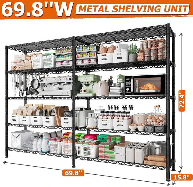 Alt view image 2 of 7 - 1600LBS Heavy Duty Storage Shelves 5-Tier Extra-Wide Metal Shelving 69.8" W x 72.4" H Capacity Garage Shelving Unit Adjustable Wire Shelving for Kitchen Garage Pantry Basement