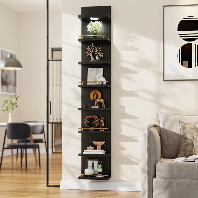 Alt view image 2 of 7 - 8 Tier Wall Shelf Unit, Black Lack Shelf, Vanity Floating Shelves with LED Light, Versatile Floating Shelves for Bedroom, Living Room, Office