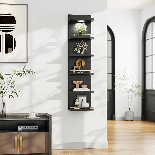 Alt view image 2 of 7 - 6 Tier Wall Shelf Unit, Black Lack Shelf, Vanity Floating Shelves with LED Light, Versatile Floating Shelves for Bedroom, Living Room, Office