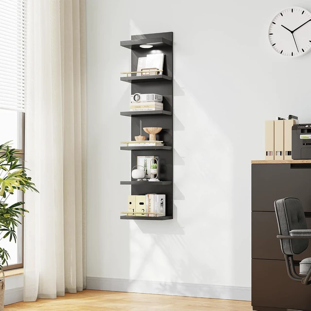 Alt view image 6 of 7 - 6 Tier Wall Shelf Unit, Black Lack Shelf, Vanity Floating Shelves with LED Light, Versatile Floating Shelves for Bedroom, Living Room, Office