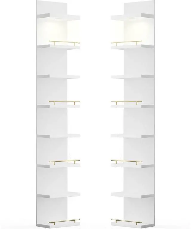 Main image of 8 Tier Wall Shelf Unit, 2-Pack White Floating Shelves with LED Light, Multi-Functional Versatile Shelves for Dressing Room Bedroom Living Room Office