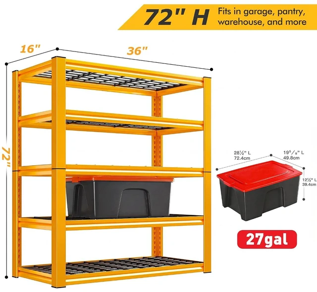 Alt view image 3 of 7 - Garage Shelving Load 3200LBS, 5-Tier Storage Shelves, Adjustable Heavy Duty Metal Shelving Unit for Pantry, Basement, Warehouse, 72" H x 36" W x 16" D