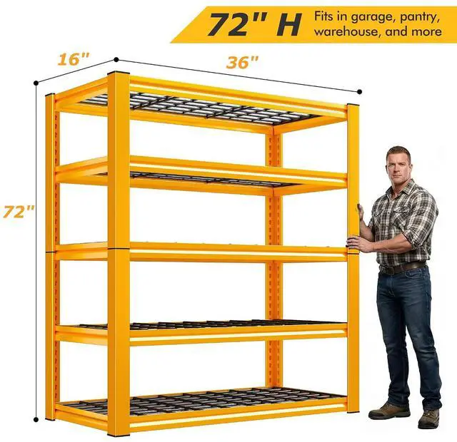 Alt view image 3 of 7 - Garage Shelving Load 3200LBS, 5-Tier Storage Shelves, Adjustable Heavy Duty Metal Shelving Unit for Pantry, Basement, Warehouse, 72" H x 36" W x 16" D, 2PC
