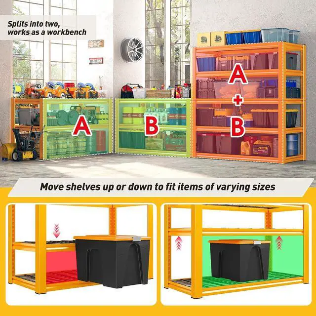Alt view image 5 of 7 - Garage Shelving Load 3200LBS, 5-Tier Storage Shelves, Adjustable Heavy Duty Metal Shelving Unit for Pantry, Basement, Warehouse, 72" H x 36" W x 16" D, 2PC