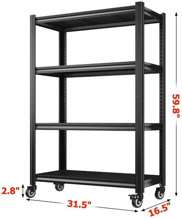 Alt view image 2 of 7 - 4 Tier Storage Shelves with Wheels, 530LBS Adjustable Pantry Shelves,Metal Shelving Unit for Garage, Pantry, Kitchen, Living Room, Warehouse, Basement, 59.8" H x 31.5" W x 16.5" D, Black