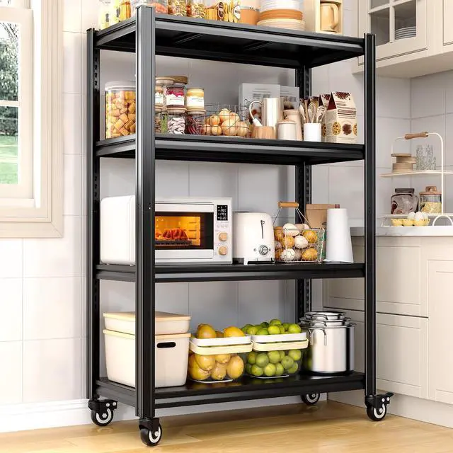 Main image of 4 Tier Storage Shelves with Wheels, 530LBS Adjustable Pantry Shelves,Metal Shelving Unit for Garage, Pantry, Kitchen, Living Room, Warehouse, Basement, 59.8" H x 31.5" W x 16.5" D, Black