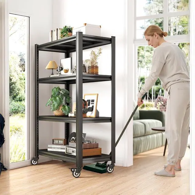 Alt view image 3 of 7 - 4 Tier Storage Shelves with Wheels, 530LBS Adjustable Pantry Shelves,Metal Shelving Unit for Garage, Pantry, Kitchen, Living Room, Warehouse, Basement, 59.8" H x 31.5" W x 16.5" D, Black