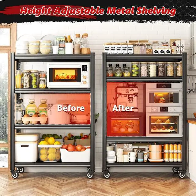 Alt view image 4 of 7 - 4 Tier Storage Shelves with Wheels, 530LBS Adjustable Pantry Shelves,Metal Shelving Unit for Garage, Pantry, Kitchen, Living Room, Warehouse, Basement, 59.8" H x 31.5" W x 16.5" D, Black