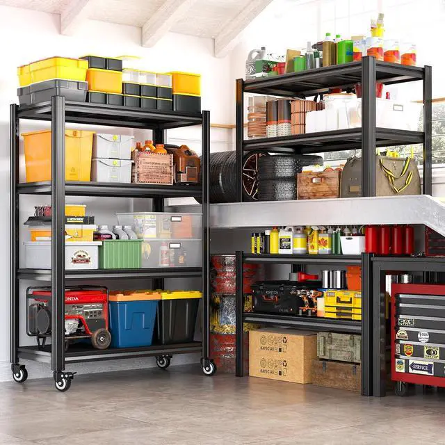 Alt view image 6 of 7 - 4 Tier Storage Shelves with Wheels, 530LBS Adjustable Pantry Shelves,Metal Shelving Unit for Garage, Pantry, Kitchen, Living Room, Warehouse, Basement, 59.8" H x 31.5" W x 16.5" D, Black