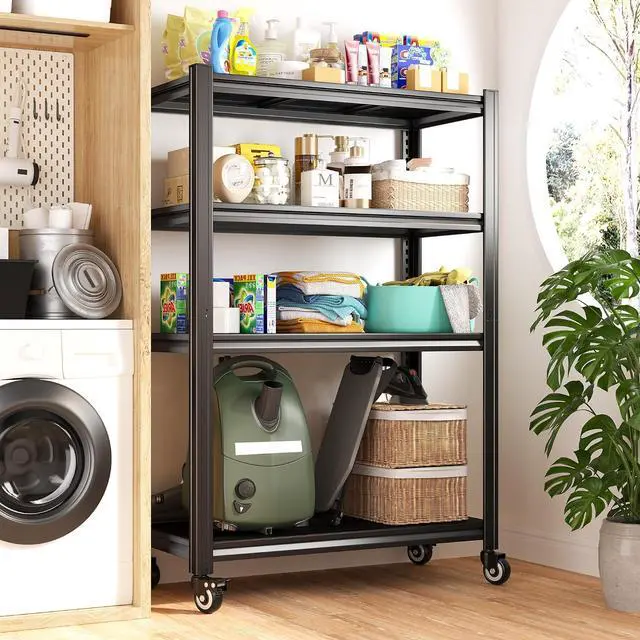 Alt view image 7 of 7 - 4 Tier Storage Shelves with Wheels, 530LBS Adjustable Pantry Shelves,Metal Shelving Unit for Garage, Pantry, Kitchen, Living Room, Warehouse, Basement, 59.8" H x 31.5" W x 16.5" D, Black