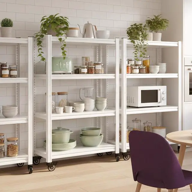 Alt view image 2 of 7 - 4 Tier Storage Shelves with Wheels, 530LBS Adjustable Pantry Shelves,Metal Shelving Unit for Garage, Pantry, Kitchen, Living Room, Warehouse, Basement, 59.8" H x 31.5" W x 16.5" D, White