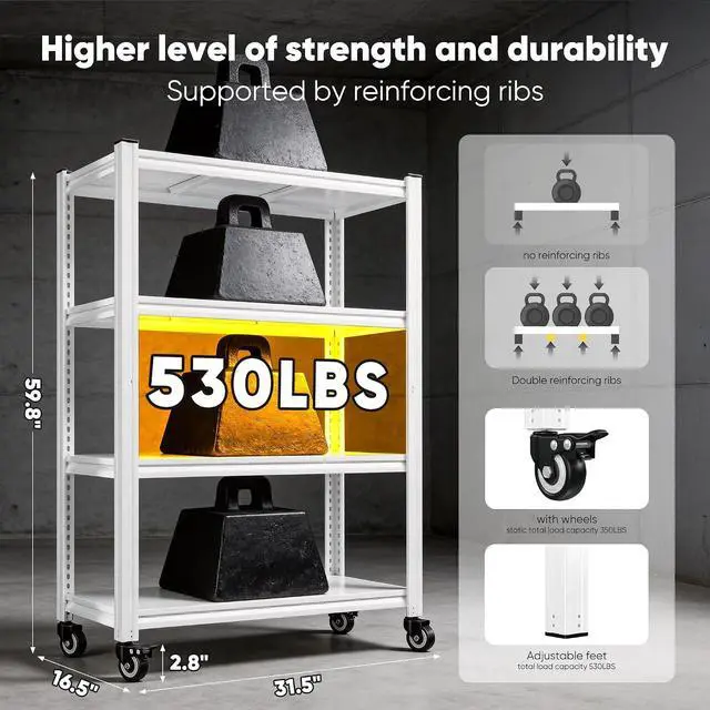 Alt view image 3 of 7 - 4 Tier Storage Shelves with Wheels, 530LBS Adjustable Pantry Shelves,Metal Shelving Unit for Garage, Pantry, Kitchen, Living Room, Warehouse, Basement, 59.8" H x 31.5" W x 16.5" D, White