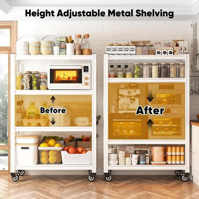 Alt view image 4 of 7 - 4 Tier Storage Shelves with Wheels, 530LBS Adjustable Pantry Shelves,Metal Shelving Unit for Garage, Pantry, Kitchen, Living Room, Warehouse, Basement, 59.8" H x 31.5" W x 16.5" D, White