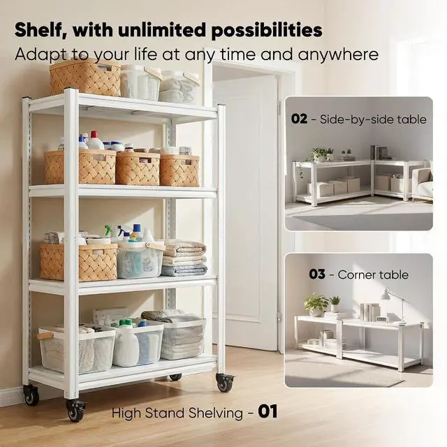 Alt view image 5 of 7 - 4 Tier Storage Shelves with Wheels, 530LBS Adjustable Pantry Shelves,Metal Shelving Unit for Garage, Pantry, Kitchen, Living Room, Warehouse, Basement, 59.8" H x 31.5" W x 16.5" D, White