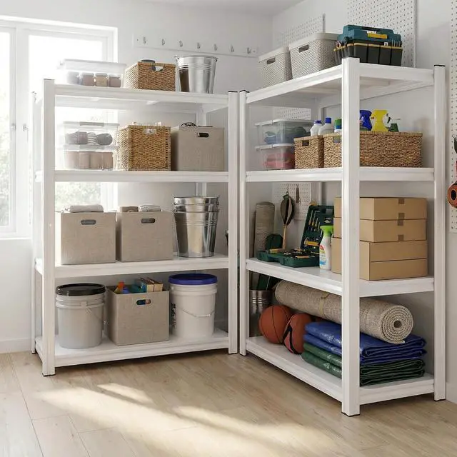 Alt view image 6 of 7 - 4 Tier Storage Shelves with Wheels, 530LBS Adjustable Pantry Shelves,Metal Shelving Unit for Garage, Pantry, Kitchen, Living Room, Warehouse, Basement, 59.8" H x 31.5" W x 16.5" D, White