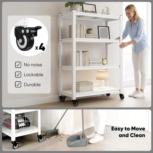 Alt view image 7 of 7 - 4 Tier Storage Shelves with Wheels, 530LBS Adjustable Pantry Shelves,Metal Shelving Unit for Garage, Pantry, Kitchen, Living Room, Warehouse, Basement, 59.8" H x 31.5" W x 16.5" D, White
