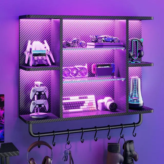 Main image of 34" Gaming Floating Shelves, LED Wall Mounted Shelf with Adjustable Glass Shelf, 7 Tiers Display Rack with 8 S-Hook, Gaming Room Decor Wine Coffee Bar, Black Carbon Fiber