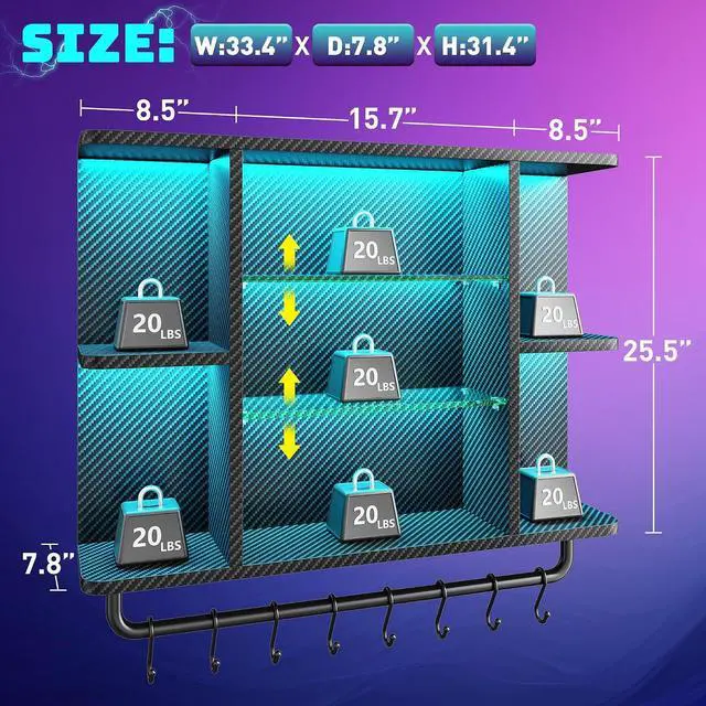 Alt view image 2 of 7 - 34" Gaming Floating Shelves, LED Wall Mounted Shelf with Adjustable Glass Shelf, 7 Tiers Display Rack with 8 S-Hook, Gaming Room Decor Wine Coffee Bar, Black Carbon Fiber