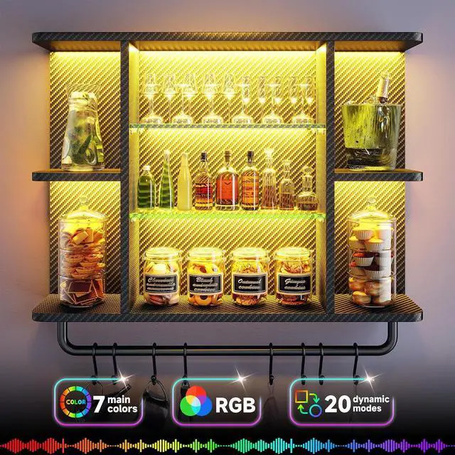 Alt view image 3 of 7 - 34" Gaming Floating Shelves, LED Wall Mounted Shelf with Adjustable Glass Shelf, 7 Tiers Display Rack with 8 S-Hook, Gaming Room Decor Wine Coffee Bar, Black Carbon Fiber