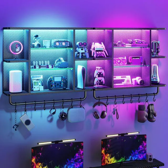 Alt view image 4 of 7 - 34" Gaming Floating Shelves, LED Wall Mounted Shelf with Adjustable Glass Shelf, 7 Tiers Display Rack with 8 S-Hook, Gaming Room Decor Wine Coffee Bar, Black Carbon Fiber