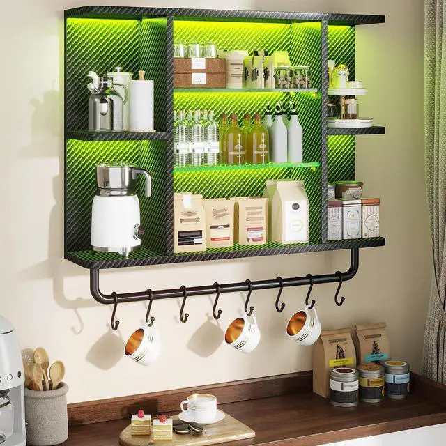 Alt view image 6 of 7 - 34" Gaming Floating Shelves, LED Wall Mounted Shelf with Adjustable Glass Shelf, 7 Tiers Display Rack with 8 S-Hook, Gaming Room Decor Wine Coffee Bar, Black Carbon Fiber