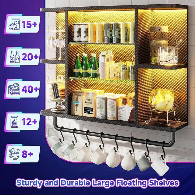 Alt view image 7 of 7 - 34" Gaming Floating Shelves, LED Wall Mounted Shelf with Adjustable Glass Shelf, 7 Tiers Display Rack with 8 S-Hook, Gaming Room Decor Wine Coffee Bar, Black Carbon Fiber