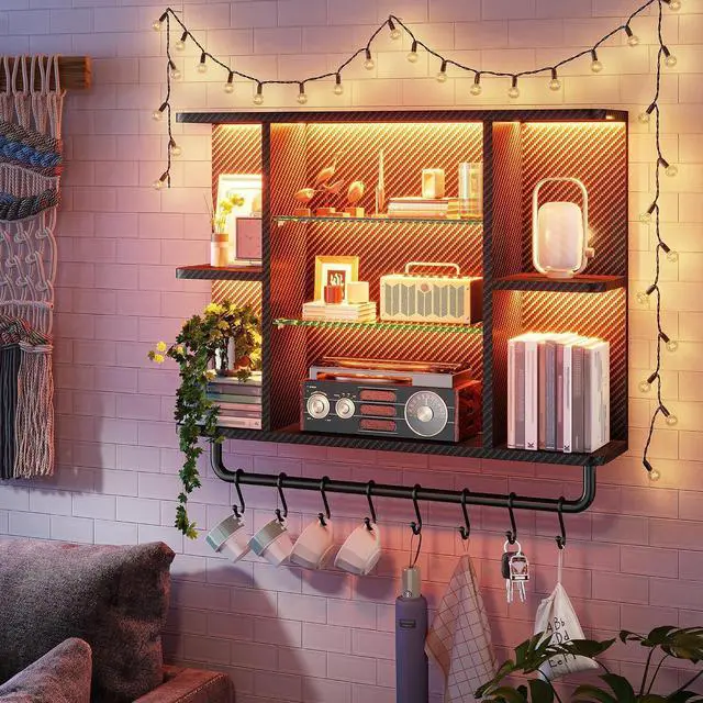 Alt view image 5 of 7 - 34" Gaming Floating Shelves, LED Wall Mounted Shelf with Adjustable Glass Shelf, 7 Tiers Display Rack with 8 S-Hook, Gaming Room Decor Wine Coffee Bar, Black Carbon Fiber