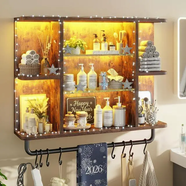 Main image of Floating Shelves with LED Lights, 7-Tier Wood Shelf, Wall Mounted Display Shelves with 8 S-Hooks, Wall Shelf for Kitchen, Bedroom, Bathroom, Office, Plants, Rustic Brown