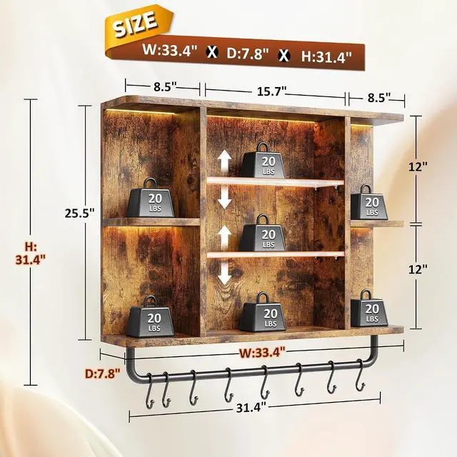 Alt view image 2 of 7 - Floating Shelves with LED Lights, 7-Tier Wood Shelf, Wall Mounted Display Shelves with 8 S-Hooks, Wall Shelf for Kitchen, Bedroom, Bathroom, Office, Plants, Rustic Brown